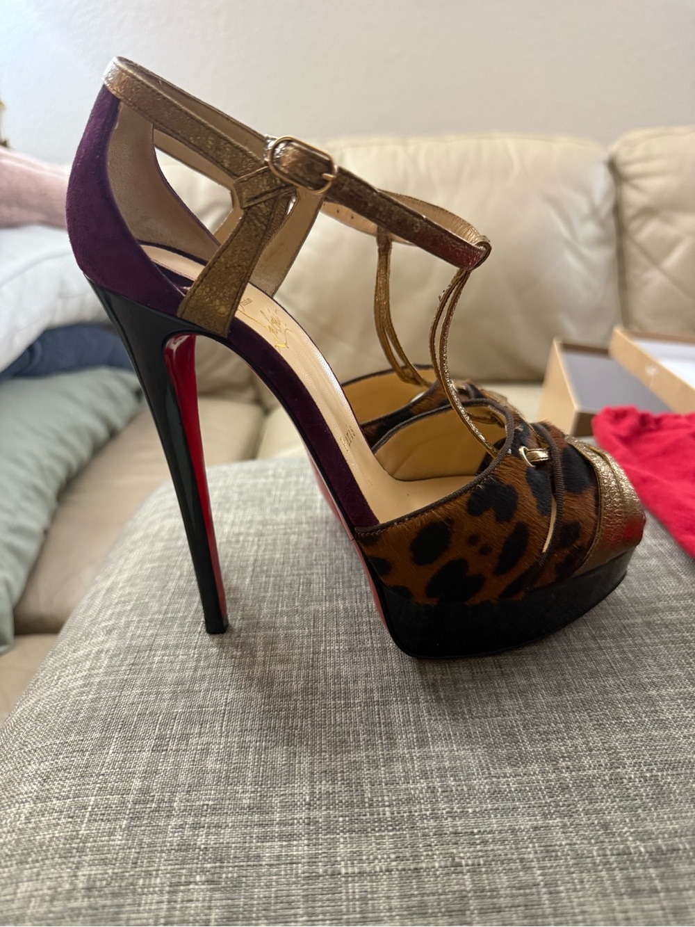 Christian Louboutin Gold and Black T-Strap Platform Heels - Picture 3 of 7